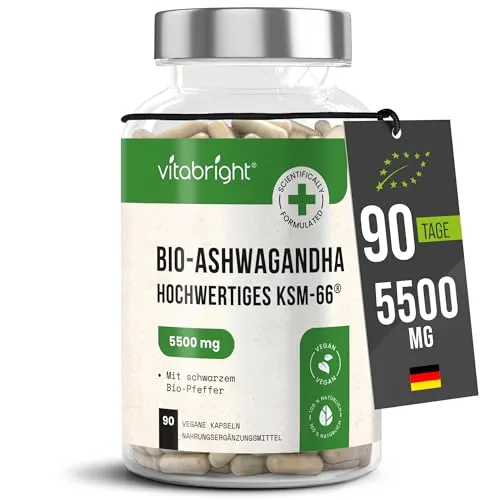 Ashwagandha KSM-66 | Bio Ashwagandha Kapseln Hochdosiert 5500mg | 3 Monate - 1 Pro Tag | Cortisol Senken | 550mg 10x Konzentriertes Extrakt Bio Ashwaganda Pulver | VitaBright Cortisol-Senker Tabletten