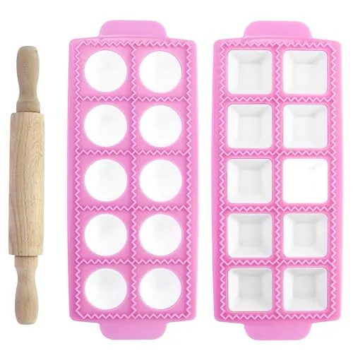 Stück Ravioliformen mit 10 Gitter,Rosa Quadrat und Runde Eckige Ravioli,Italienische Ravioli Form, Knödelform, Ravioliformer Set für Die Herstellung Von Ravioli, Knödel 2
