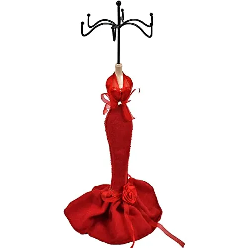Schmuck Halter Dekorative Vintage Mannequin Display für Halsketten, Ohrringe, Anhänger Holz und Metall Haken Stoff Armbänder H.40cm Rot Farbe