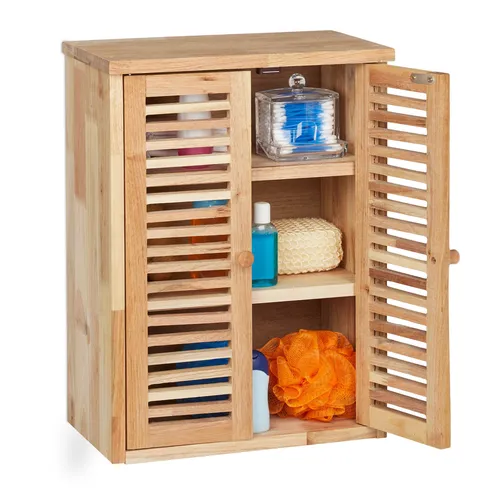 Hängeschrank Badezimmerregal Holzschrank mit Lamellentüren - Schmaler Badschrank mit 3 Regalfächern, ideal für platzsparende Wandmontage. Hergestellt aus hochwertigem Walnussholz in hellbraun, perfekt für jedes Zimmer.