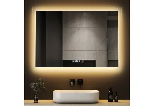 WDWRITTI Badspiegel Badezimmerspiegel mit Beleuchtung Wandspiegel Led Touch Wandschalter (Spiegel Bad, 3Lichtfarben, Helligkeit dimmbar, Memory), 3000K/4000K/6500K, IP44