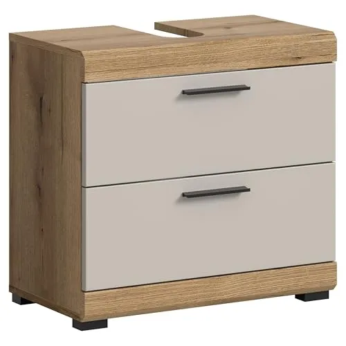 furnling Waschbeckenunterschrank Scott 60 cm, Matte Kaschmir - Eleganter Waschbeckenunterschrank mit 2 praktischen Schubladen und Siphonausschnitt. Stilvolle Rillenoptik in Kaschmir matt und Evoak Oak – ideal für modernes Badezimmerdesign und optimalen Stauraum.