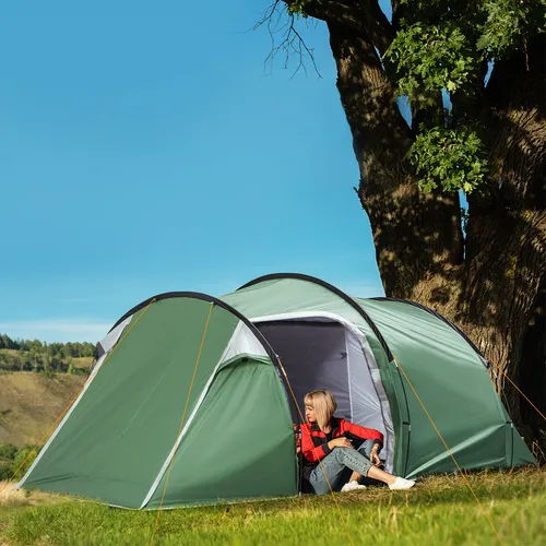 Campingzelt mit Heringen Seitentür und Fenster Tunnelzelt Kuppelzelt für 2-3 Personen Camping Reise Trekking 426x206x154cm Dunkelgrün
