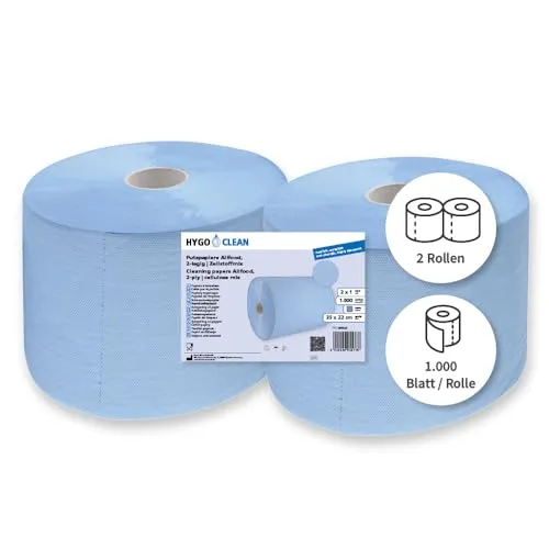 Rollen Franz Mensch HygoClean Putzpapiere Allfood, 2-lagig, 35cm x 22cm, blau | geprägter Zellstoffmix, 2 Rollen, je 1000 Abrisse, saugfähige Reinigungstücher, Wischtücher, lebensmittelecht 2