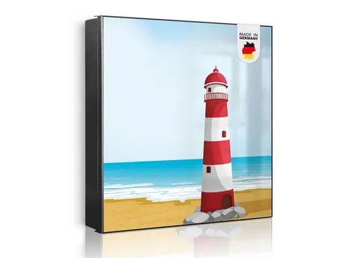 Banjado Großer Schlüsselkasten aus Glas mit Leuchtturm-Motiv – 30x30cm, 50 Haken