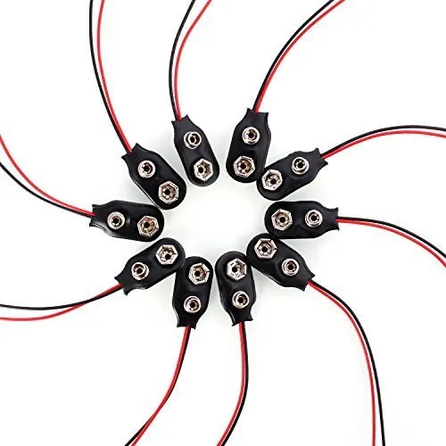 Neuftech® 10 Stück Batterie Clip Anschluss mit 15cm Anschlusskabel für 9v Blöcke I-Form schwarz