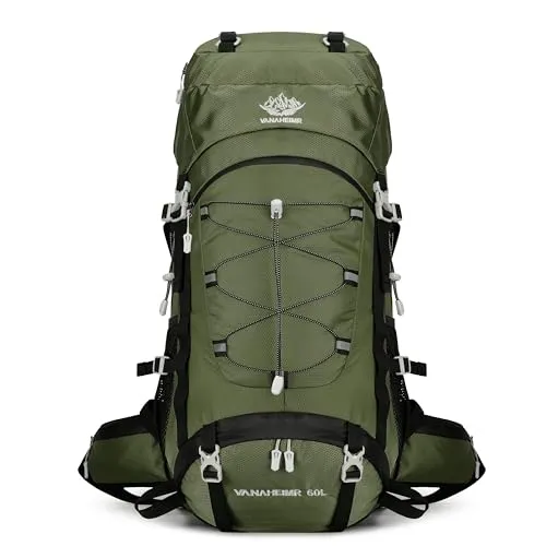 YFREAL Reiserucksack mit Regenschutz, 60 l, wasserabweisend, Kletterrucksack für Damen und Herren, dunkelgrün, Large, Outdoor (TIEFGRÜN)