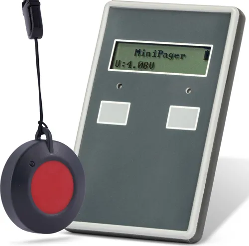 Eldat Mini Pager RRP01 - Hausnotrufanlage in Schwarz, spritz- und wasserfest, ideal für Patientenruf mit einstellbarer Lautstärke und 2 Jahren Herstellergarantie.