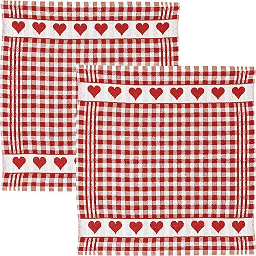 Kracht Frottier-Geschirrtuch 2er-Pack Baumwolle Karo/Herz rot Größe 50x50 cm