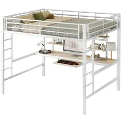 Odikalo Hochbett Jugendbett Metallbett Schreibtisch Bücherregalen Weiß 90/140x200cm 140 cm