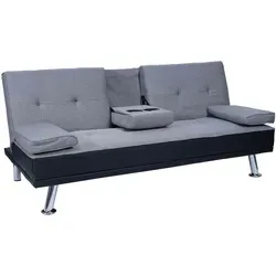 Mendler 3er-Sofa HWC-F60 - Vielseitiges Schlafsofa mit Tassenhalter - Sofa mit 3 Sitzplätzen, verstellbarer Rückenlehne und klappbarem Tassenhalter. Ideal für kleine Räume und bietet Schlaffunktion für Gäste. Elegantes Kunstleder/Textil in schwarz/hellgrau.
