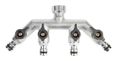 GEKA® Plus Vierwegeventile Plus Steckern - Wasserhähne, hochwertiges Stecksystem für einfache Verbindung mit gängigen Schlauchtypen, langlebig und robust aus verchromtem Messing mit 3/4 Zoll Gewinde.
