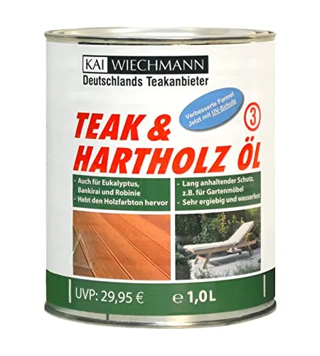 Kai Wiechmann Teakholzöl – Hochwertiges Hartholzöl mit UV-Schutz - Holzöle für Gartenmöbel und Terrassendielen, schützt effektiv vor UV-Strahlen und sorgt für eine langlebige und ansprechende Holzoberfläche.