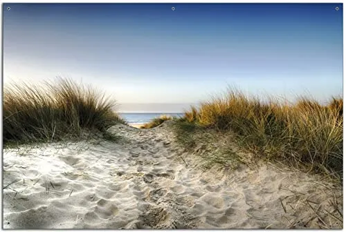 Wallario Outdoor-Poster - Weg durch die Dünen zum Strand - Hochwertiges Poster für den Außenbereich, UV- und witterungsbeständig, ideal zur Verschönerung von Sichtschutzelementen, Zäunen und Balkonen. Made in Germany, sofort aufhängbar mit vormontierten Metallösen.