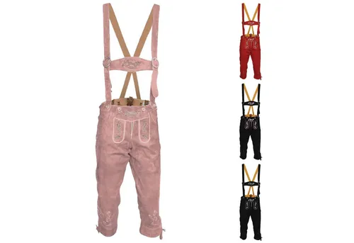 German Wear Damen Lederhose - Rosa Trachten Kniebundhose mit Hosenträgern - Trachtenlederhose aus feinstem Ziegenvelour mit eleganter Stickerei und praktischen Taschen. Ideal für festliche Anlässe und gemütliche Abende.