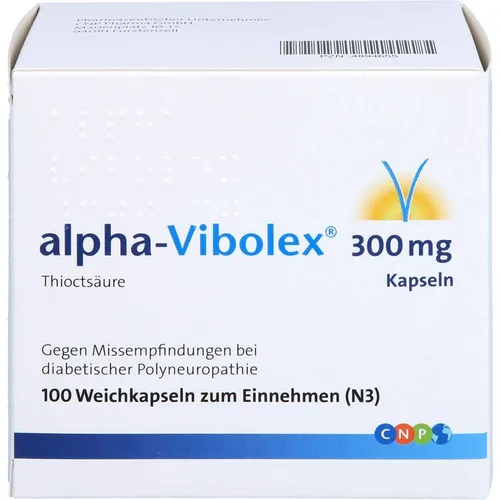 Alpha Vibolex 300 mg Kapseln - Arzneimittel zur Unterstützung bei Missempfindungen durch diabetische Nervenschädigung (Polyneuropathie), enthält den antioxidativen Wirkstoff Thioctsäure für besseren Stoffwechsel.