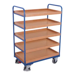 Variofit Etagenwagen hoch, 250 kg Traglast - Transportroller mit 5 variablen Tabletts, pulverbeschichtet in RAL 5010, schlag- und kratzfest. Ideal für effizientes Transportieren und Lagern.
