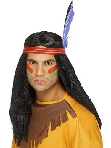 Smiffys Indianer-Perücke von amerikanischen Ureinwohnnern inspiriert, tapferer Indianer, lang, glatt und schwarz, Stirnband und Federn Halloween