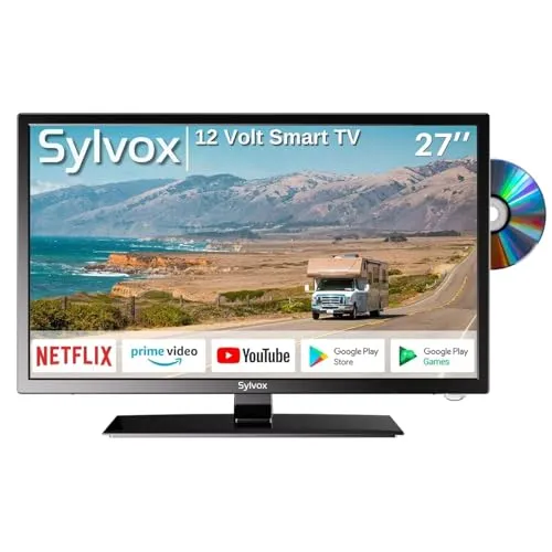 SYLVOX 27 Zoll Smart Android TV für Wohnmobile, 1080P Camping Reise TV Eingebauter DVD Player,12V Fernseher mit Google Assistant, AC/DC, HiFi Lautsprecher, Triple Tuner, HDMI USB, Caravan TV