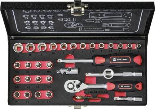 Toolcraft 826363 Steckschlüsselsatz 36-teilig - Steckschlüsseleinsätze & Steckschlüsselsätze; Robustes Werkzeug-Set aus Chrom-Vanadium-Stahl, ideal für höchste Kraftübertragung und sicheren Transport in stabiler Stahlbox.