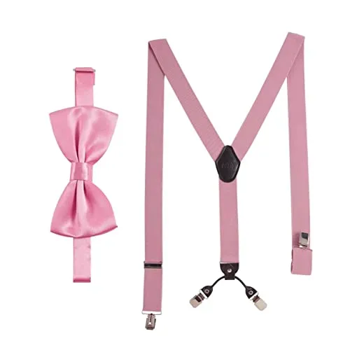 Massi Morino Hosenträger mit Fliege Rosa Set für Herren und Damen I Y-Form Träger elastisch mit extra starken Clips - 3,5cm breit - längenverstellbar I Vorgebundener Schlips für Anzug
