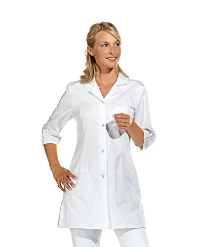 Leiber Kasack Longkasack 08/347/01 für Damen, weiß, 3/4 Arm - Berufsbekleidung Gastronomie, taillierter Longkasack aus 50% Baumwolle, waschbar bis 95 °C, ideal für Kliniken und Pflege, mit Druckknopfverschluss und praktischen Vordertaschen.