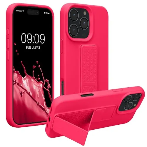 kwmobile Handyhülle kompatibel mit Apple iPhone 16 Pro Max - Hülle mit Fingerhalter und Standfunktion - Silikon Case Handy Cover in Neon Pink