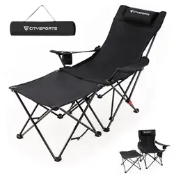 Faltbarer Campingstuhl mit Fußablage - Schwarz - Praktischer Klappstuhl mit abnehmbarer Fußstütze, verstellbarer Rückenlehne (90–155°) und integriertem Getränkehalter. Ideal für Camping und Freizeit, max. Belastbarkeit 120 kg. Inklusive Aufbewahrungstasche für einfachen Transport.