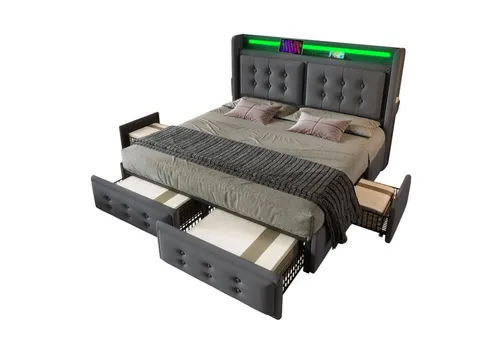 REDOM Polsterbett Doppelbett (Stauraumbetten mit Lattenrost, 1-tlg., 140x200cm, ohne Matratze), mit Led-Kopfteil und USB C Ladefunktion und 4 Schubladen