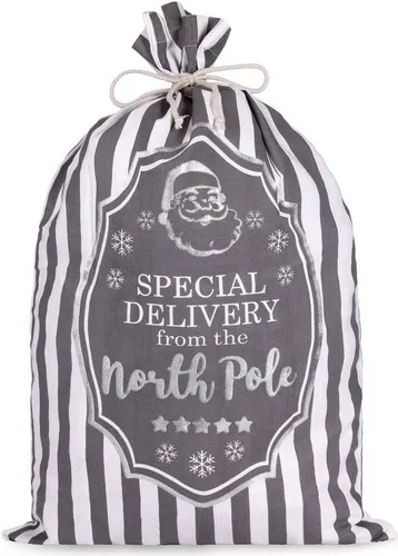 BRUBAKER Aufbewahrungstasche Weihnachtssack Special Delivery from the North Pole - Weiß Grau (80 cm Geschenksack Weihnachten, 1-tlg., Weihnachtsmann Post), Nikolaussack Sack Baumwolle mit Kordel zum Verpacken