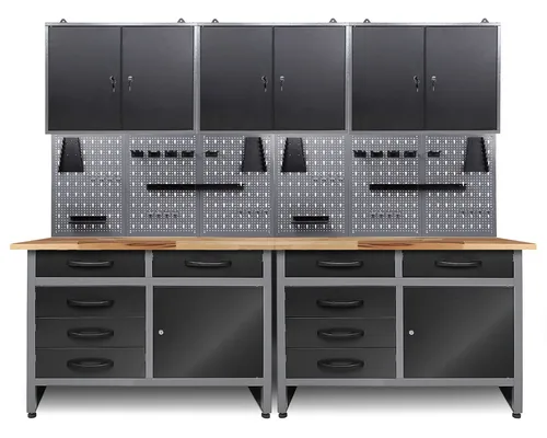 Ondis24 Werkstatt Set 240cm 2x Werkbank Metall 3x Werkzeugschrank Lochwand Haken