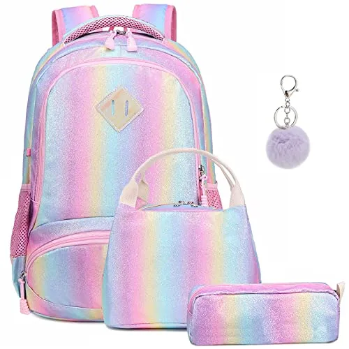 A AM SeaBlue Mädchen Schulrucksack Regenbogen Rucksack Glitzer Teenager Schultaschen Set Bunte Schulrucksäcke Tagesrucksack für Reise Arbeit Hochschule