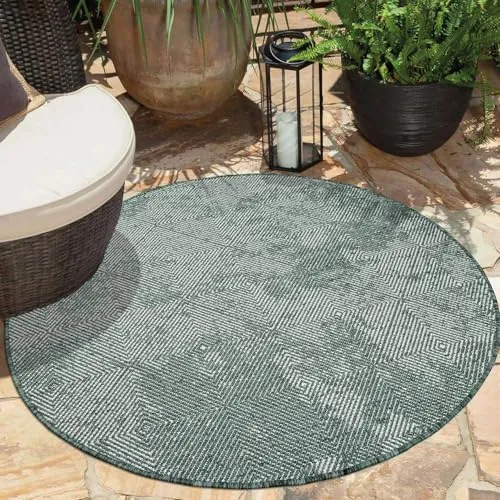carpet city Outdoor Teppich Wetterfest 160 cm Rund - Grün - Wetterfester Wendeteppich für Balkon und Terrasse, bietet zwei Designs in einem für vielseitige Dekoration. Strapazierfähig und pflegeleicht, ideal für den Außenbereich.