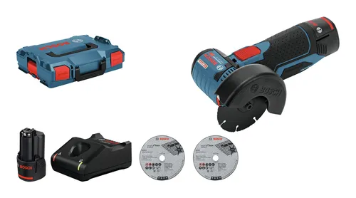 Bosch Winkelschleifer GWS 12V-76 - 76mm, 12V Akku mit 2 Akkus und Ladegerät, extrem kompakt für schnelles Trennen von Metall und Fliesen