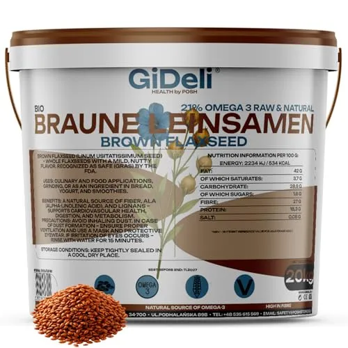 GiDeli Braune Leinsamen 20 kg Ganze, rohe Saat, hoher Gehalt an Omega-3 & Ballaststoffen, ideal für Smoothies, Backen, Müsli (20000 g)