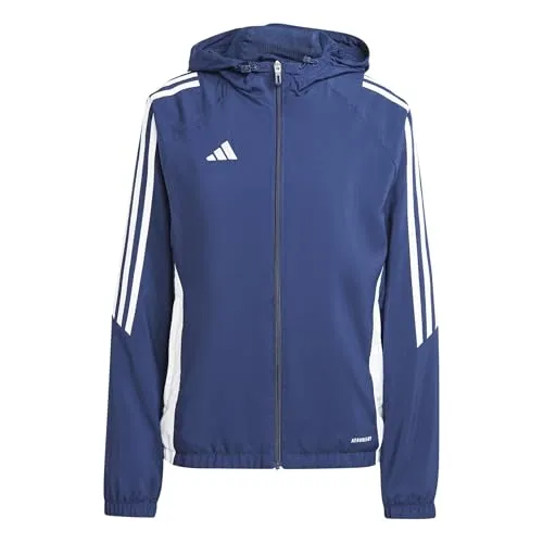 adidas Performance Tiro 24 Windbreaker Damen - Leichte Trainingsjacke in Blau-Weiß, ideal für windige Tage, mit praktischer Kapuze und aus atmungsaktivem Polyester für optimalen Tragekomfort.