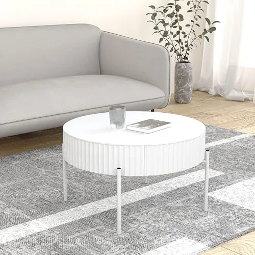 Couchtisch 'Rill' mit Schublade – Weiß, rund und modern - Stylischer Couchtisch mit integrierter Schublade für zusätzlichen Stauraum. Ideal für ein modernes Wohnambiente und einfach zu reinigen.