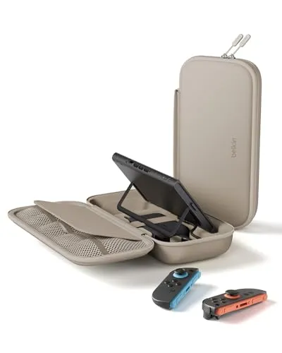 Belkin Gaming Nintendo Switch 2 Tasche inklusive 10.000 mAh Powerbank mit LCD-Anzeige, Case mit 20 W Nintendo Switch Schnellladegerät und Fächern für AirTag und Games – Sandfarben