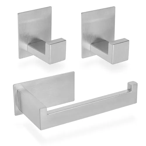 ECENCE 1x Toilettenpapierhalter + 2X Handtuchhaken ohne Bohren, Badezimmerset selbstklebend gebürstet Badezimmeraccessoires - aus rostfreiem Edelstahl 304, Handtuchhalter + Klorollenhalter
