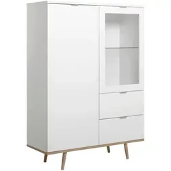 Mid.you Highboard Weiß mit Eiche und Glas - Elegantes Highboard mit 3 Fächern und 2 Schubladen in skandinavischem Design, ideal für stilvolle Wohnzimmer und optimalen Stauraum.
