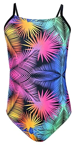 Aquarti Mädchen Badeanzug mit Spaghettiträgern Streifen – Sport Badeanzug Mädchen, Chlorresistent, Farbe: Bunte Blätter/Schwarz/Pink/Orange, Größe: 134