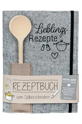 GILDE Heft Rezeptbuch A5 – Leeres Kochbuch zum Selberschreiben mit Holz Kochlöffel - Kochbuch im A5 Format mit 80 vorgedruckten Seiten, inkl. Holzkochlöffel. Ideal für eigene Lieblingsrezepte, Tipps und Notizen. Perfekt als persönliches Geschenk!