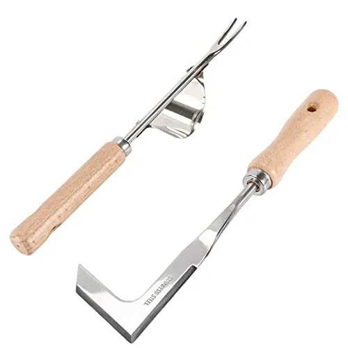 Stück Unkrautstecher, Edelstahl Manueller Unkrautgabel, Garten Weeder, Gartenarbeit Gabel, Unkrautjäter Wurzeljäter, mit Ergonomischem Naturholz Griff, zum Jäten Ihres Gartens, Graben, Lösen 2