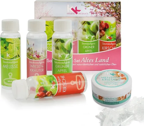 KK Saunaaufguss Set Altes Land | Saunakonzentrat | 4 x 100 ml/Flasche inkl. 50 g Mentholkristalle