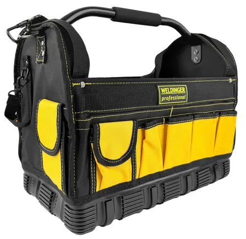 Werkzeugtasche Hard Base 24x35x40cm - Robuste Werkzeugtasche mit stabilem Rohrgriff, ideal für Handwerkzeuge und Elektrowerkzeug. Mit 10 Fächern bietet sie viel Platz für Ihre Utensilien.