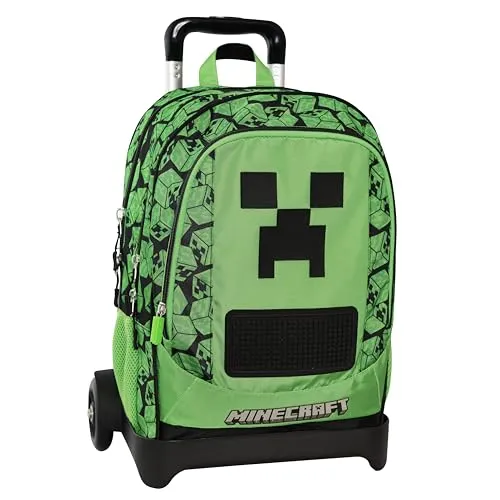 MINECRAFT Schulrucksack Trolley Offiziell Minecraft, verstellbarer Griff, abnehmbarer Trolley, gepolsterte und verstellbare Schultergurte, 2 Hauptfächer, Fronttaschen mit Reißverschluss, 34 x 52 x 22