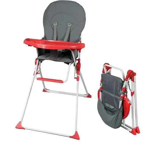 Bambisol Hochstuhl für Babys, faltbar, fest, ultrakompakt und leicht, abnehmbares Tablett verstellbar, Rot