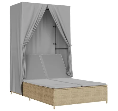 furnicato Doppel-Sonnenliege Beige mit Dach und Vorhängen - Genießen Sie entspannte Stunden im Freien auf dieser stilvollen Doppel-Sonnenliege. Mit witterungsbeständigem PE-Rattan und verstellbarer Rückenlehne für maximalen Komfort. Die abnehmbaren Kissenbezüge erleichtern die Pflege.