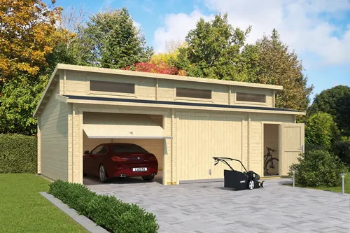 Lasita Garage Stufendach 44 mm Hawaii mit Schwingtor 820x520 cm - Gartenhaus, massives Holz mit 44 mm Wandstärke, abschließbar und ideal für sichere Aufbewahrung von Fahrzeugen und Gartengeräten, 5 Jahre Garantie.