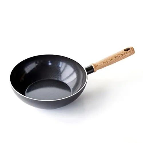 GreenChef Vintage Gesunde Keramische Antihaftbeschichtung Wok-Pfanne, 24 cm/2,5 Liter, Holzinspirierter Griff, PFAS-frei, Induktionsgeeignet, Backofenfest bis 160˚C, Grau